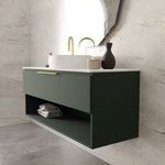 Marquis Oxford wall hung vanity in deep green with white basin, brass handle and open shelf, angled bathroom view