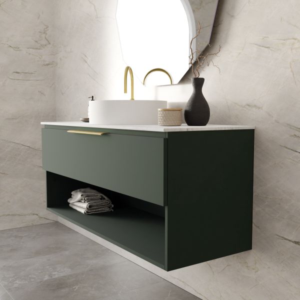 Marquis Oxford wall hung vanity in deep green with white basin, brass handle and open shelf, angled bathroom view