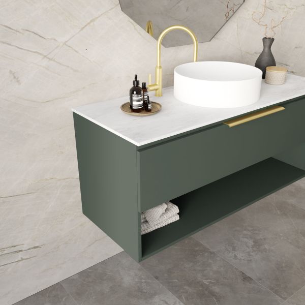 Marquis Oxford wall hung vanity in dark green with white top, open shelf and round basin in a bathroom setting