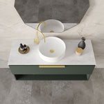 Marquis Oxford wall hung vanity with white basin, grey benchtop and green cabinet in bathroom setting