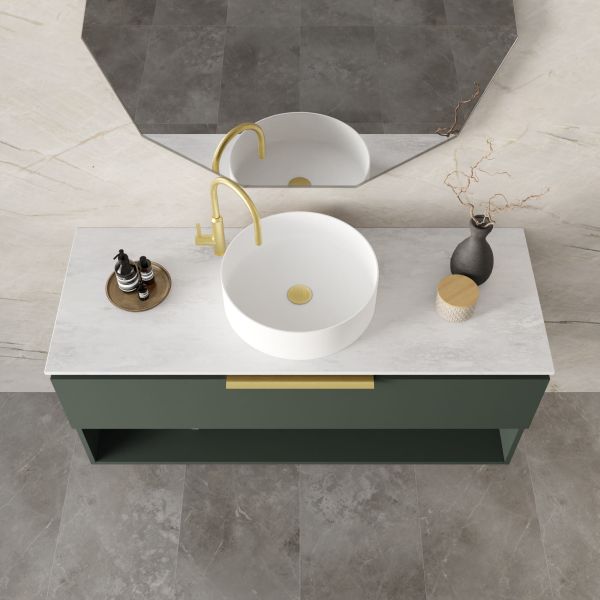 Marquis Oxford wall hung vanity with white basin, grey benchtop and green cabinet in bathroom setting