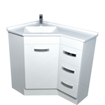 Fienza Corner 6090 vanity in gloss white, corner basin top with left bowl, soft-close door and three drawers, front view