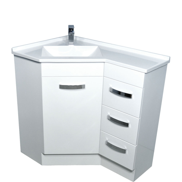 Fienza Corner 6090 vanity in gloss white, corner basin top with left bowl, soft-close door and three drawers, front view