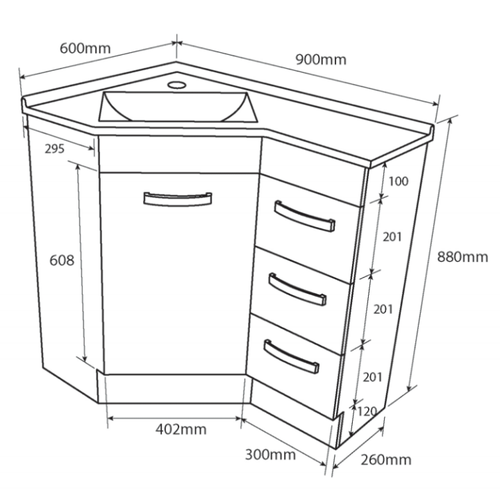 Technical drawing of Fienza Corner 6090 vanity, showing corner top, bowl, soft-close door and three drawers with dimensions