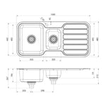 Phoenix 1000 Series 1-1/3 bowl stainless steel kitchen sink technical drawing with dimensions and drainer lines