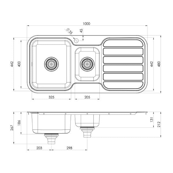 Phoenix 1000 Series 1-1/3 bowl stainless steel kitchen sink technical drawing with dimensions and drainer lines