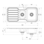 Phoenix 1000 Series 1-1/3 bowl stainless steel inset kitchen sink, top and side technical drawing with dimensions
