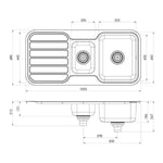 Phoenix 1000 Series 1-1/3 bowl stainless steel kitchen sink, top and side view technical drawing with dimensions.