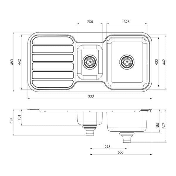 Phoenix 1000 Series 1-1/3 bowl stainless steel kitchen sink, top and side view technical drawing with dimensions.