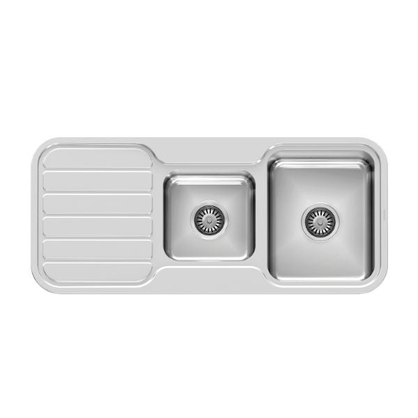 Phoenix 1000 Series stainless steel 1-3/4 bowl kitchen sink with drainer, top view, 1080 x 480mm