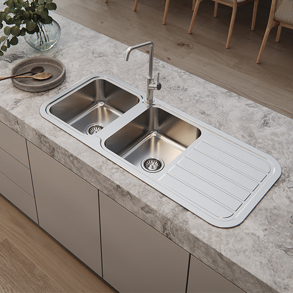 Phoenix stainless steel double bowl kitchen sink with drainer, overmount in benchtop, shown in modern kitchen setting