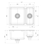 Phoenix 2000 Series 1-1/2 bowl sink technical drawing, stainless steel, 617 x 461mm, top and side view with dimensions