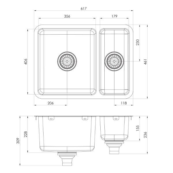 Phoenix 2000 Series 1-1/2 bowl sink technical drawing, stainless steel, 617 x 461mm, top and side view with dimensions