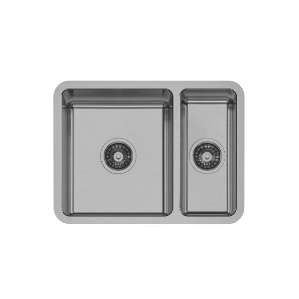 Phoenix 2000 Series stainless steel 1-1/2 bowl kitchen sink, brushed finish, top view հետ with basket wastes visible