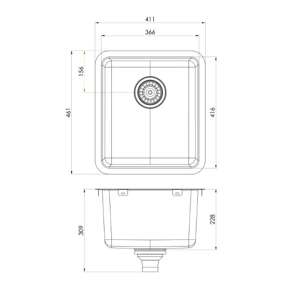 Phoenix 2000 Series single bowl stainless steel sink technical drawing, 411 x 461mm, top and side views with dimensions