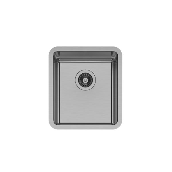 Phoenix 2000 Series stainless steel single bowl kitchen sink, square brushed finish, top view with centre waste