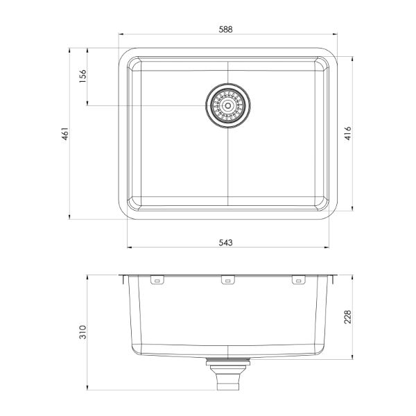 Phoenix 2000 Series single bowl stainless steel sink technical drawing, 588 x 461mm, with top and side views and dimensions