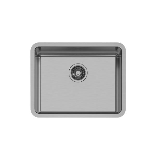 Phoenix 2000 Series single bowl stainless steel kitchen sink, brushed finish, top view with centre waste