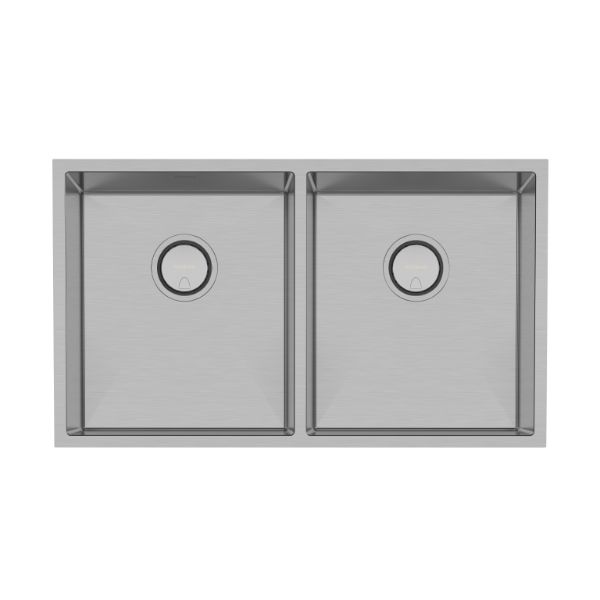 Phoenix 4000 Series brushed stainless steel double bowl kitchen sink, top view, 772 x 446mm with centre wastes