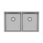 Phoenix 4000 Series brushed stainless steel double bowl kitchen sink, top view, 772 x 446mm with centre wastes