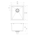 Phoenix 4000 Series single bowl sink technical drawing, 396 x 446mm, brushed carbon, top and side views with dimensions