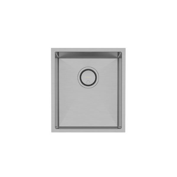 Phoenix 4000 Series single bowl kitchen sink in brushed stainless steel, square top view with centre waste