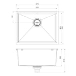 Phoenix 4000 Series single bowl sink technical drawing, 573 x 446mm, brushed carbon, with dimensions and centre waste arrangement