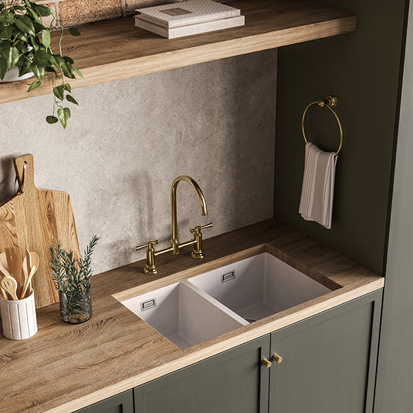 Phoenix 5000 Series 1-3/4 bowl quartz resin sink in matte white, undermount inset kitchen sink in a timber benchtop setting