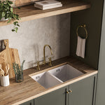 Phoenix 5000 Series 1-3/4 bowl quartz resin sink in matte white, undermount inset kitchen sink in a timber benchtop setting