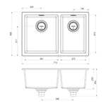 Phoenix 5000 Series 1-3/4 bowl quartz resin kitchen sink technical drawing in matte white, 715 x 468mm, top and side views