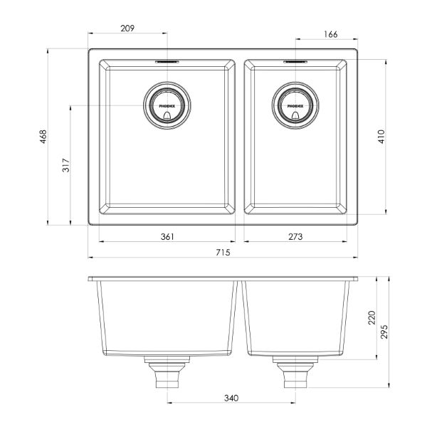 Phoenix 5000 Series 1-3/4 bowl quartz resin kitchen sink technical drawing in matte white, 715 x 468mm, top and side views