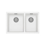 Phoenix 5000 Series 1-3/4 bowl quartz resin kitchen sink in matte white, top view with right-hand bowl and overflow detail