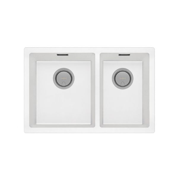 Phoenix 5000 Series 1-3/4 bowl quartz resin kitchen sink in matte white, top view with right-hand bowl and overflow detail
