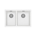 Phoenix 5000 Series 1-3/4 bowl quartz resin kitchen sink in matte white, top view with two rectangular bowls and rear waste covers