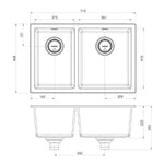 Phoenix 5000 Series 1-3/4 bowl quartz resin sink, matte white, technical drawing with 715 x 468mm dimensions and centre wastes
