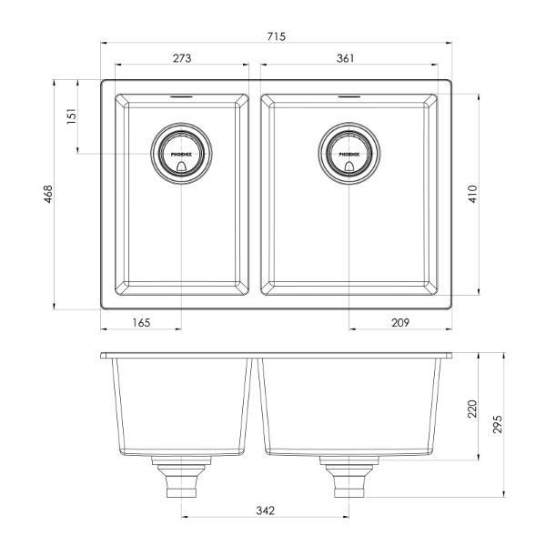 Phoenix 5000 Series 1-3/4 bowl quartz resin sink, matte white, technical drawing with 715 x 468mm dimensions and centre wastes