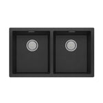 Phoenix 5000 Series matte black quartz resin double bowl kitchen sink, top view with centre waste and overflow slots