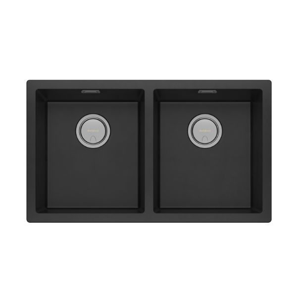 Phoenix 5000 Series matte black quartz resin double bowl kitchen sink, top view with centre waste and overflow slots