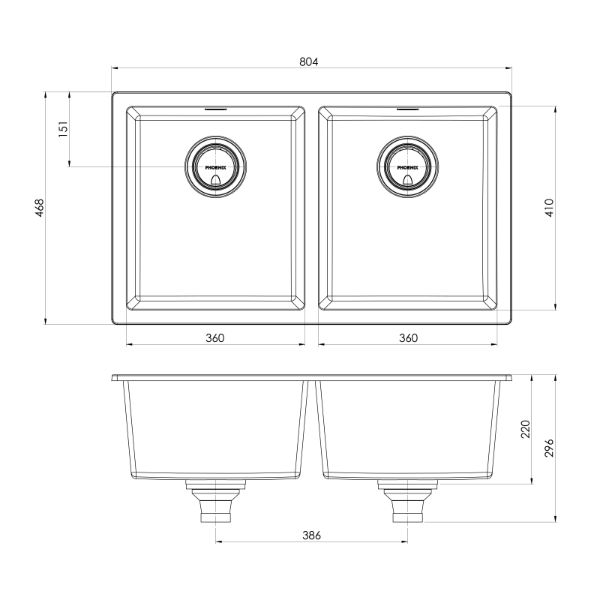 Phoenix 5000 Series double bowl quartz resin sink technical drawing, matte black, 804 x 468mm, top and side views with measurements