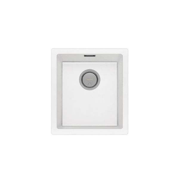 Phoenix 5000 Series single bowl kitchen sink in matte white quartz resin, top view with centre waste and overflow