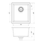 Phoenix 5000 Series single bowl sink technical drawing, matte black quartz resin, 418 x 468mm, top and side views with dimensions