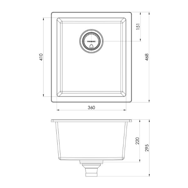 Phoenix 5000 Series single bowl sink technical drawing, matte black quartz resin, 418 x 468mm, top and side views with dimensions