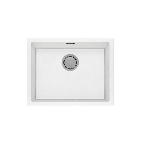 Phoenix 5000 Series large single bowl kitchen sink in matte white quartz resin, top view with centre waste and overflow slot