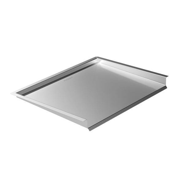 Phoenix benchtop drainer tray in brushed stainless steel, square kitchen sink accessory with raised edges, angled view