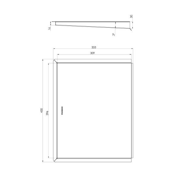 Technical drawing of Phoenix benchtop drainer tray, brushed stainless steel, with dimensions and side profile view