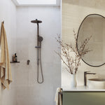 Phoenix Kusabi brushed carbon shower and basin mixer in a modern bathroom vanity and shower setting