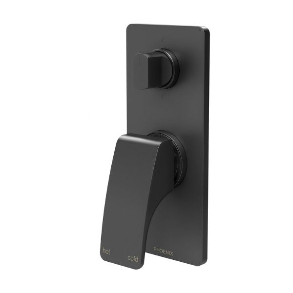 Phoenix Rush wall-mounted shower/bath diverter mixer in matte black with rectangular backplate and lever handle