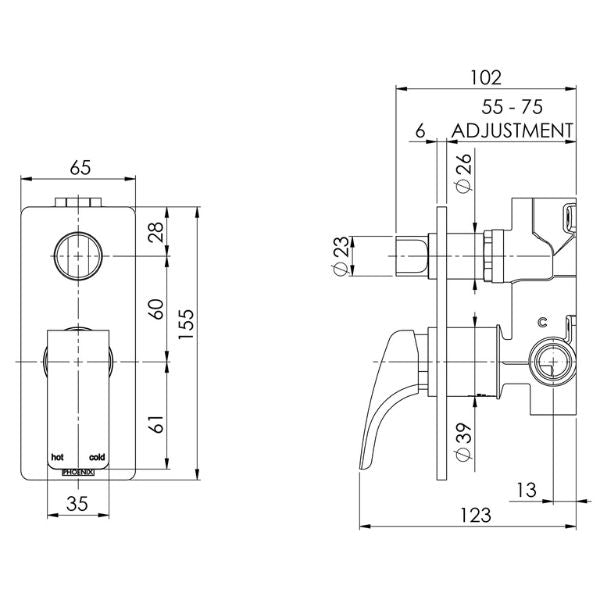 Phoenix Rush chrome shower and bath diverter mixer technical drawing, front and side view with dimensions