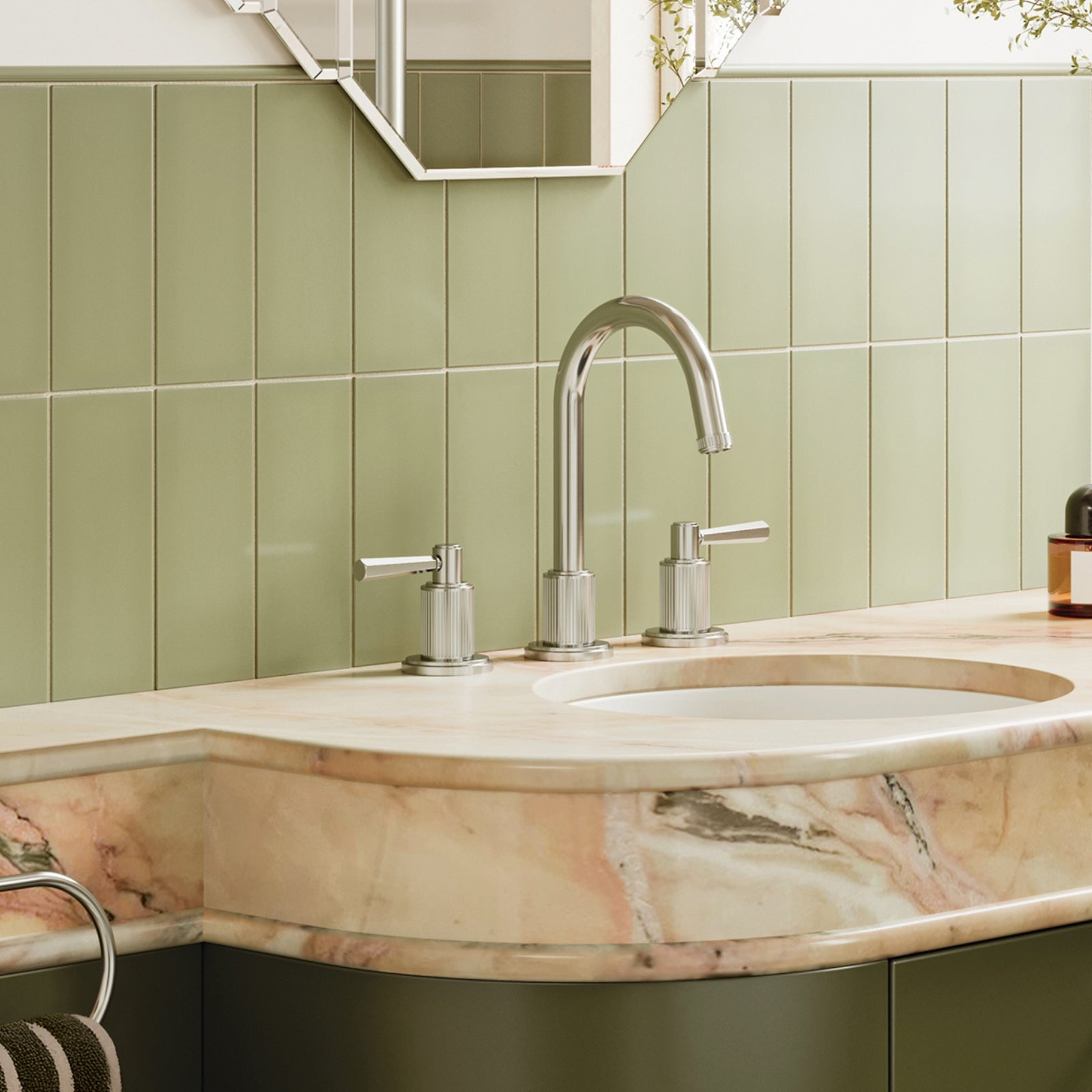 Phoenix Wiltern brushed nickel 3 piece basin set with gooseneck spout and fluted handles on a stone bathroom vanity