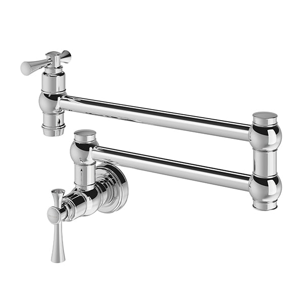Phoenix Cromford wall mounted pot filler tap in chrome, shown folded out with dual arms and wall mount fittings